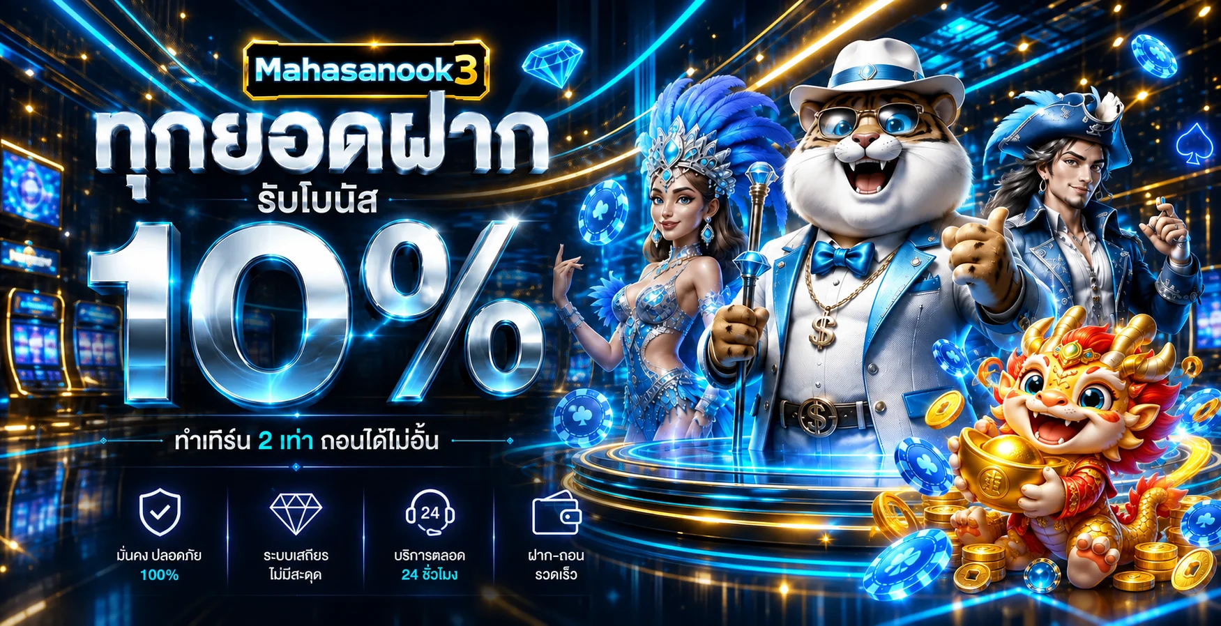แบนเนอร์โปรโมชั่น Mahasanook3 สล็อต โทนฟ้าน้ำเงินและทอง